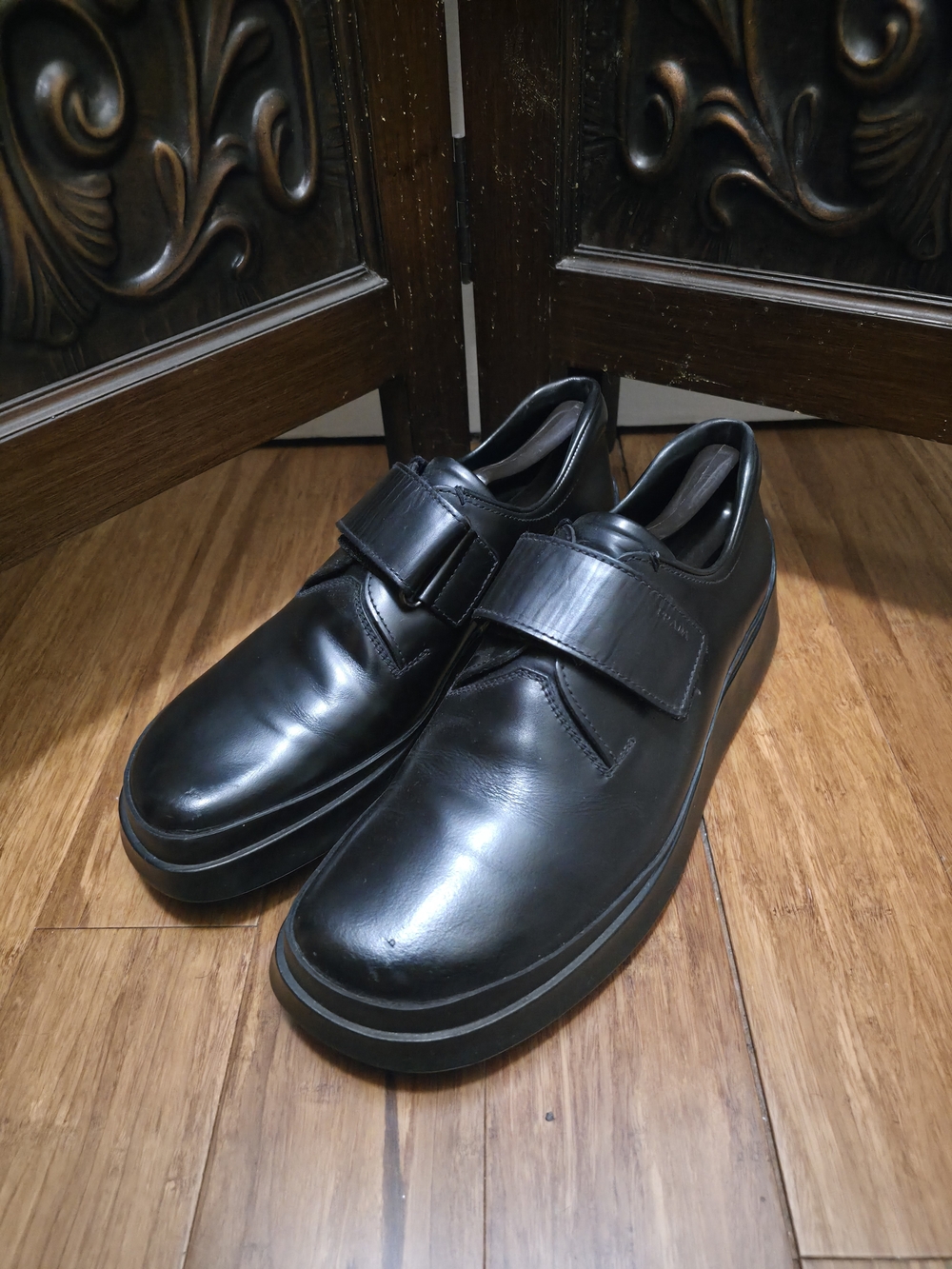 Prada Black Leather Velcro Slip-On Loafers.